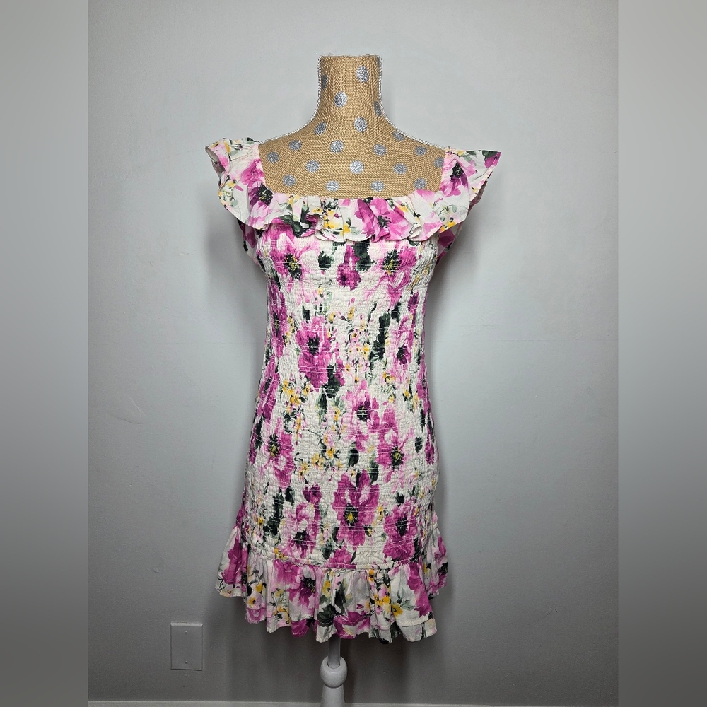 Abercrombie & Fitch Y2K 90S Floral Smocked 100% Cotton Mini Dress sz LP Ruffle